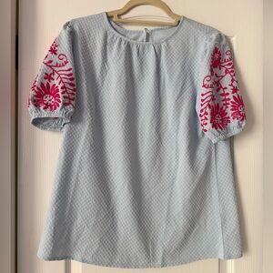SHEIN Light Blue Textured Puff Sleeve Top with Pink Embroidery